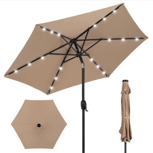 Outdoor Solar Patio Umbrella w/ Push Button Tilt, Crank Lift - 7.5ft - Lot 577