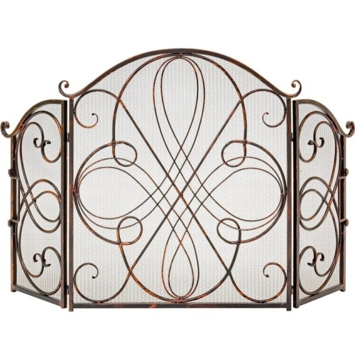3-Panel Wrought Iron Metal Fireplace Screen Cover w/ Scroll Design - 55x33in - Lot 149