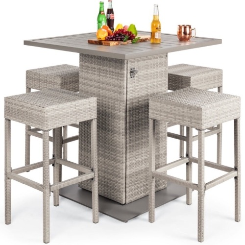 5-Piece Wicker Bar Set w/ 4 Stools, Built-In Bottle Opener, Hidden Storage - Lot 162