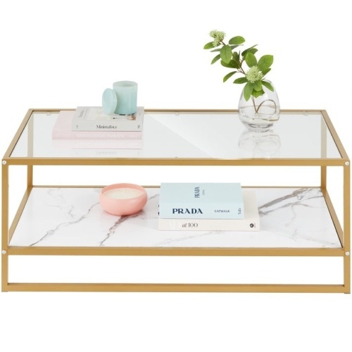2-Tier Rectangular 2-in-1 Coffee Table w/ Glass & Faux Marble Top - 44in - Lot 254