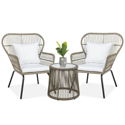 3-Piece Patio Wicker Conversation Bistro Set w/ 2 Chairs, Glass Top Table - Lot 5389