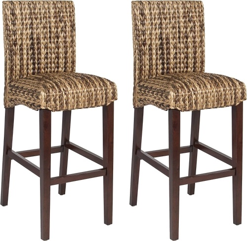 Set of 2 Indoor Outdoor Hand Woven Water Hyacinth Abaca Banana Leaf Bar Stools w/Mahogany Wood Frame for Bar Height, High-Top Table, Brown   - Lot 420