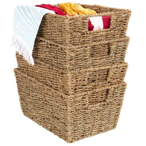Set of 4 Seagrass Storage Tote Baskets, Laundry Organizer w/ Insert Handles - Lot 899