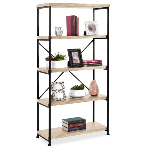 5-Tier Rustic Industrial Bookshelf Display Decor Accent w/ Metal Frame, Wood Shelves - Light Oak  - Lot 454