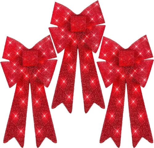 Set of 3 Pre-Lit Christmas Bows w/ 30 LED Lights, Outdoor Battery Box, Timer, 8 Light Functions - Red - Lot 179