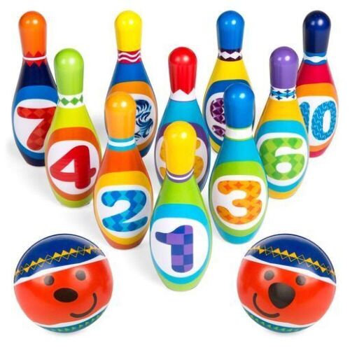 Kids Multicolor Soft Lightweight Foam Bowling Toy Set w/ 10 Numbered Pins, 2 Balls, Carrying Case - Lot 670