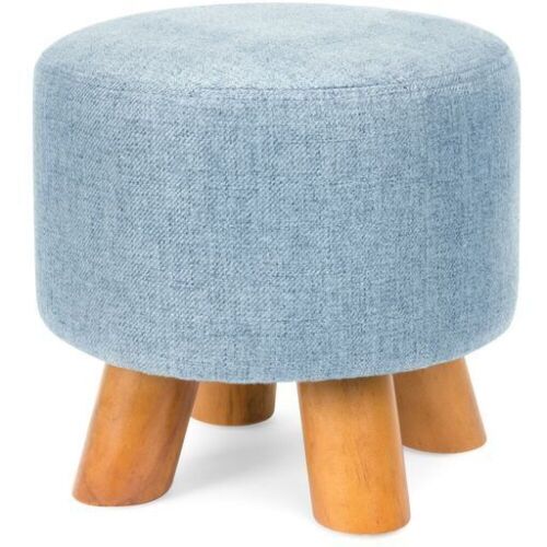 Upholstered Padded Pouf Ottoman Footrest Stool w/ Removable Linen Cover - Denim Blue - Lot 694