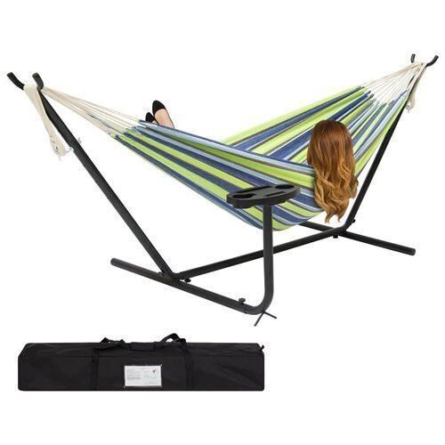 Outdoor Double Hammock Set W/ Steel Stand, Cup Holder, Tray, and Carrying Bag - Lot 675