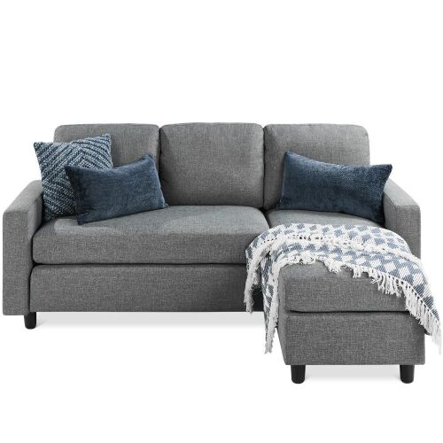Linen Sectional Sofa Couch w/ Chaise Lounge, Reversible Ottoman Bench - Lot 181