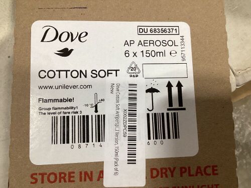 Lot of (2) 6-Packs of 150ml Dove Cotton Soft Antiperspirant Spray - Lot 934