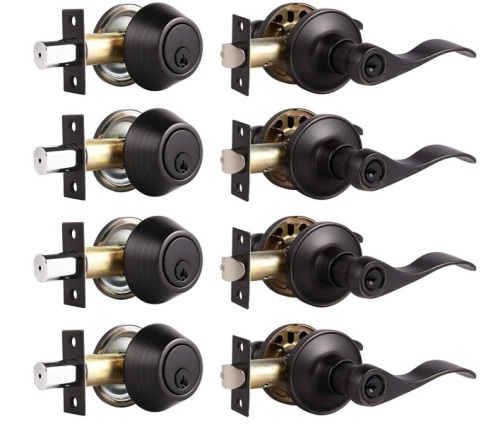 Probrico Oil Rubbed Bronze Entry Lever and Deabolt Set, Single Cylinder, 4 Pack - Lot 155
