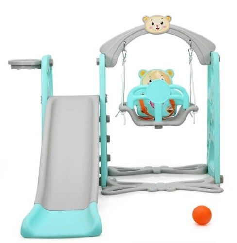 4-in-1 Toddler Climber and Swing Set with Basketball Hoop and Ball, Green, May Be Missing Hardware - Lot 344