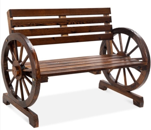 2-Person Rustic Wooden Wagon Wheel Bench w/ Slatted Seat and Backrest - Lot 526