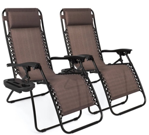 Set of 2 Adjustable Zero Gravity Patio Chair Recliners w/ Cup Holders, Brown - Lot 516