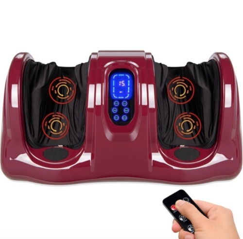 Therapeutic Foot Massager w/ High Intensity Rollers, Remote, 3 Modes, Burgundy - Lot 619