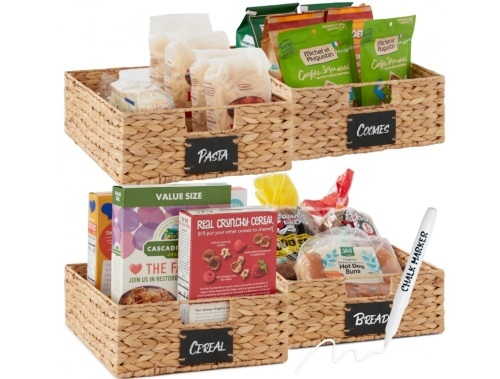 Set Of 4 16"X12" Woven Water Hyacinth Pantry Baskets W/ Chalkboard Label, Natural - Lot 638