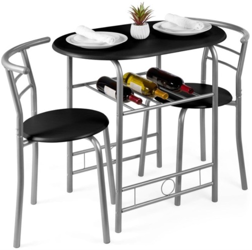 3-Piece Wooden Table & Chairs Dining Set w/ Lower Storage Shelf, Black/Silver - Lot 704