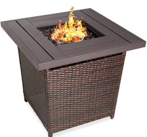 28in Fire Pit Table 50,000 BTU Wicker Propane w/ Faux Wood Tabletop, Cover, Brown, Missing Hardware - Lot 663