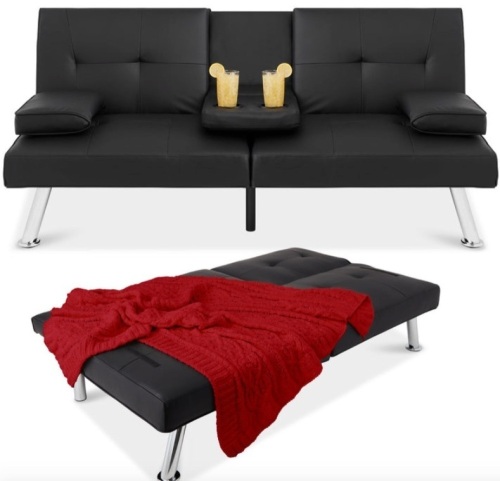 Faux Leather Upholstered Convertible Sofa Bed Futon w/ 2 Cupholders, Black, Missing Hardware - Lot 623