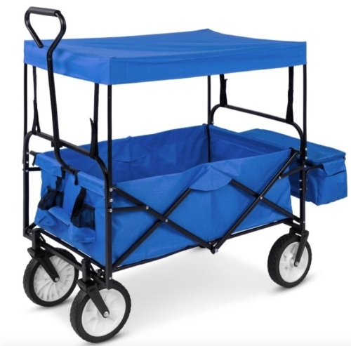 Utility Wagon Cart w/ Folding Design, 2 Cup Holders, Removable Canopy, Blue, Missing Hardware - Lot 694