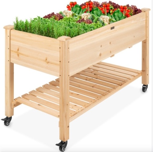 Mobile Raised Garden Bed Elevated Wood Planter w/ Wheels, Storage Shelf, Missing Hardware - Lot 714