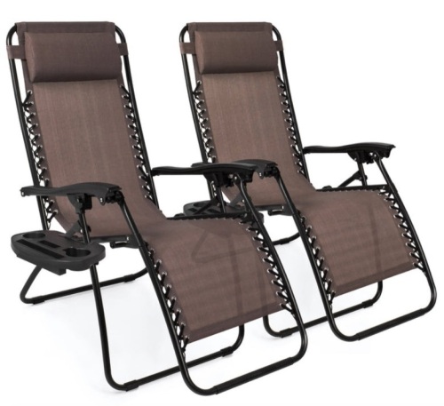 Set of 2 Adjustable Zero Gravity Patio Chair Recliners w/ Cup Holders, Brown - Lot 659