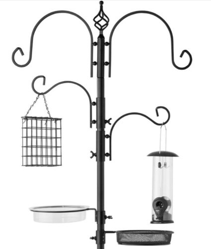 4-Hook Bird Feeding Station, Steel Feeder Stand w/ 2 Bird Feeders - 91in, Black - Lot 212