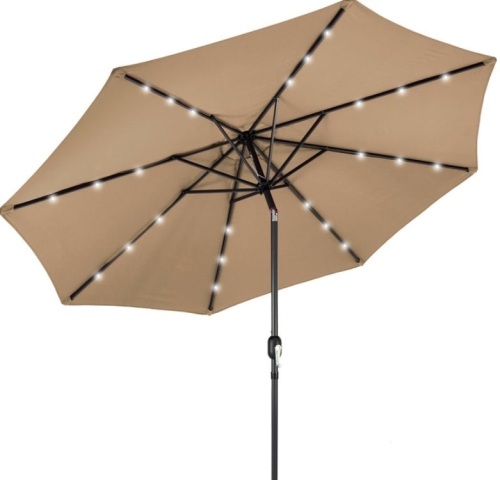 Solar LED Lighted Patio Umbrella w/ Tilt Adjustment, UV-Resistance - 10ft, Tan - Lot 569