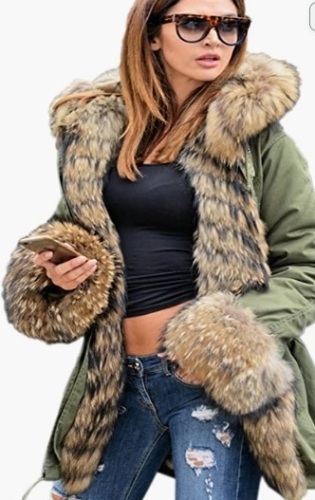 Aofur Womens Hooded Faux Fur Lined Parka, Green, Size M - Lot 422