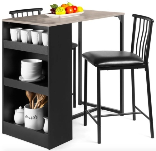 3-Piece Counter Height Kitchen Dining Table Set w/ Storage Shelves, Gray - Lot 302