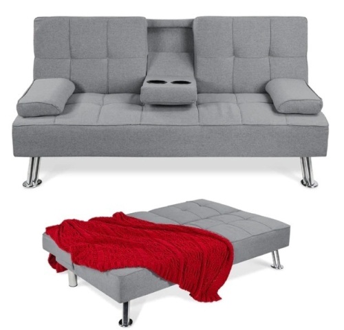 Linen Convertible Sofa Bed Futon w/ 2 Cupholders - Lot 33