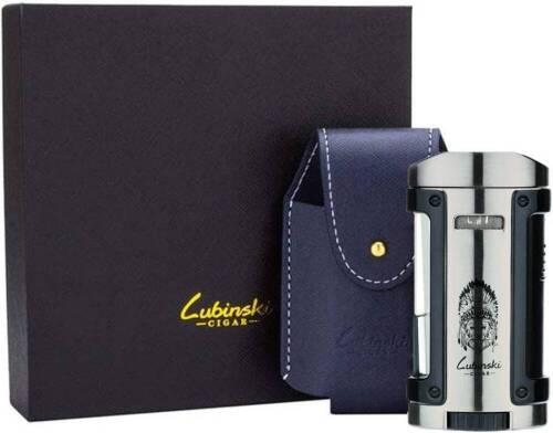 Windproof Butane Quadruple Torch Cigar Lighter w/ Leather Case - Lot 196