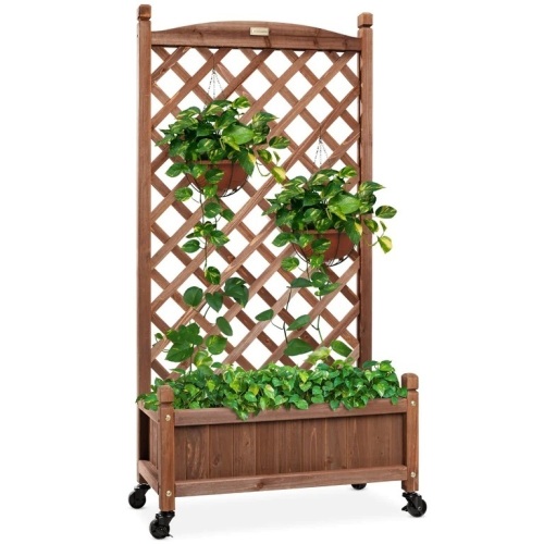 Wood Planter Box & Lattice Trellis w/ Drainage, Optional Wheels - 48in - Lot 5063