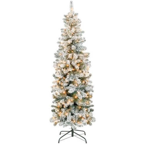 Pre-Lit Snow Flocked Artificial Pencil Christmas Tree - Lot 5607