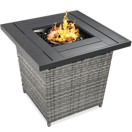 28in Fire Pit Table 50,000 BTU Wicker Propane w/ Faux Wood Tabletop, Cover - Lot 5641