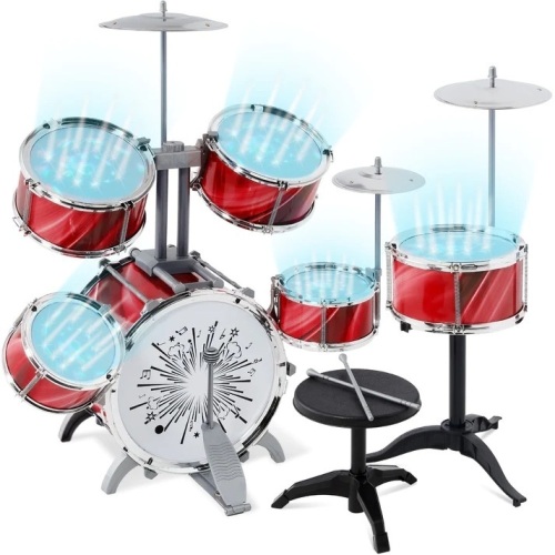 18-Piece Kids Beginner Drum Kit, Musical Instrument Toy Set w/ LED Lights - Lot 5710