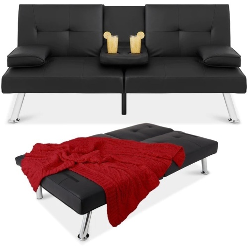 Faux Leather Upholstered Convertible Sofa Bed Futon w/ 2 Cupholders - Lot 5712