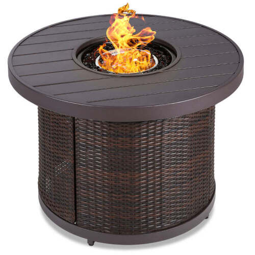 Round Fire Pit Table, 50,000 BTU Outdoor Wicker Firepit w/ Cover - 32in - Lot 5756