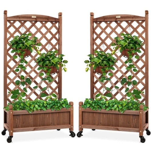 Set of 2 Wood Planter Box & Lattice Trellis w/ Optional Wheels - 48in - Lot 5765