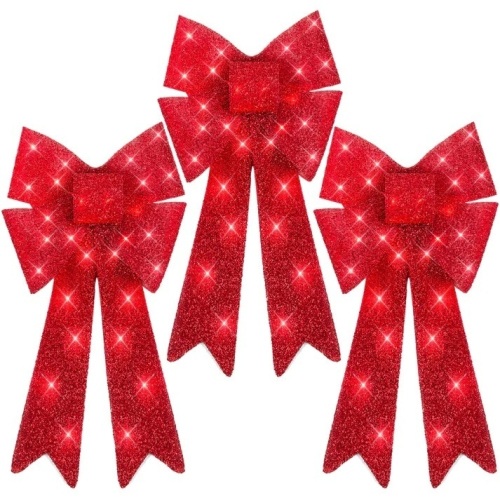 Set of 3 Pre-Lit Christmas Bow Decoration, LED Holiday Decor w/ 8 Functions - Lot 5777