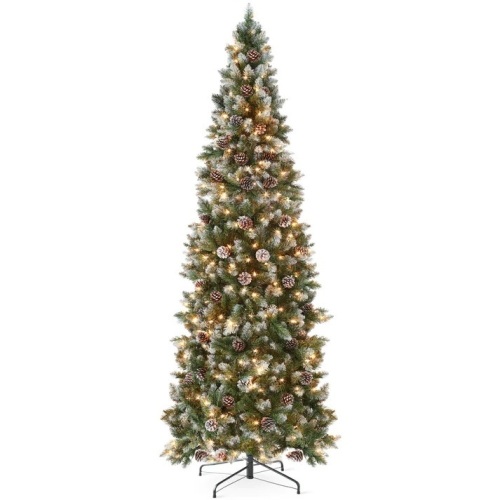 Pre-Lit Partially Flocked Pencil Christmas Tree w/ Pine Cones, Metal Stand - Lot 5821