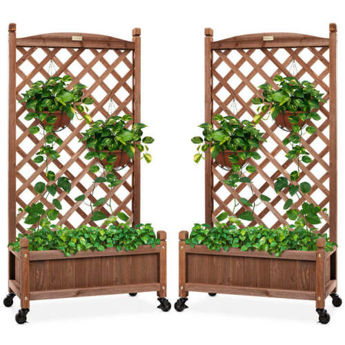 Set of 2 Wood Planter Box & Lattice Trellis w/ Optional Wheels - 48in - Lot 5882