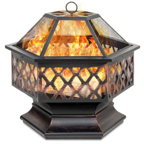 Hex-Shaped Outdoor Fire Pit w/ Flame-Retardant Lid - 24in - Lot 5897