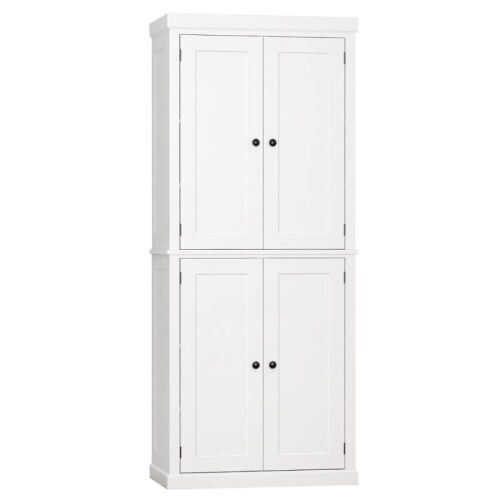 HOMCOM Natural Wood Grain Stand Alone Kitchen Pantry with Two Large Storage Areas, Adjustable Shelving and Elegant Design - White - Lot 173