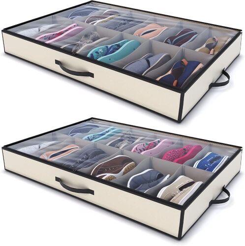Woffit Under Bed Shoe Storage Organizer, Set of 2, Each Fit 12 Pairs of Shoes - Lot 1112
