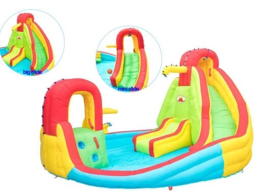 WELLFUNTIME Inflatable Water Park with Blower Dual Water Slide, Climbing Wall, Water Gun, Splash Pool, Lounge, Basketball Hoop and Big Slide  - Lot 919