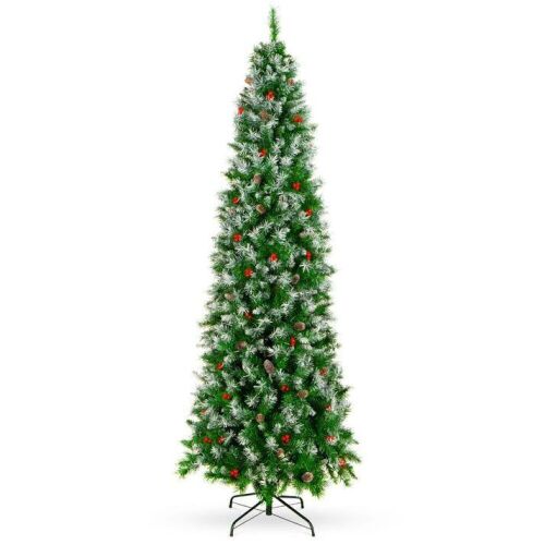 7.5' Partially Flocked Spruce Pencil Christmas Tree w/ Berries, Pine Cones - Lot 199