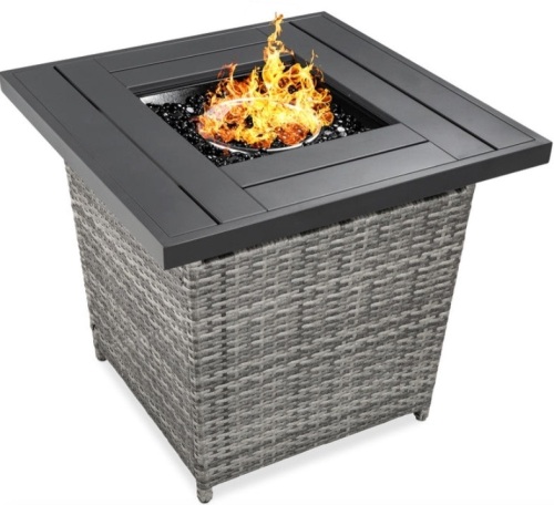 28in Fire Pit Table 50,000 BTU Wicker Propane w/ Faux Wood Tabletop, Cover, Gray, Missing Hardware - Lot 129