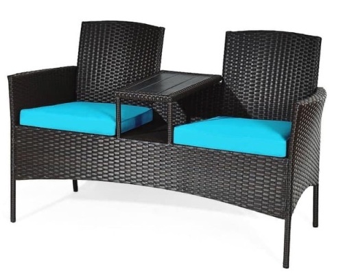 Wicker Patio Rattan Conversation Set with Turquoise Cushions, Missing Hardware,  - Lot 134