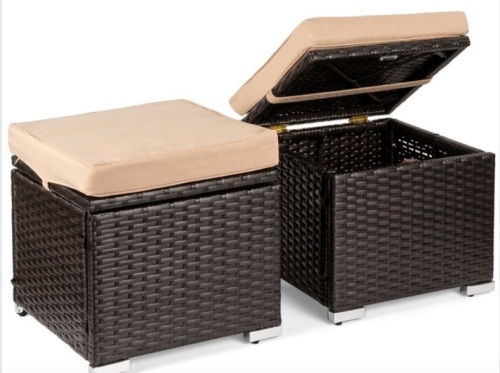 Set of 2 Wicker Ottomans, Multipurpose w/ Removable Cushions, Steel Frame, Brown/Beige - Lot 142